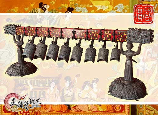 8件古編鐘，銅人銅座裝飾，可發(fā)音